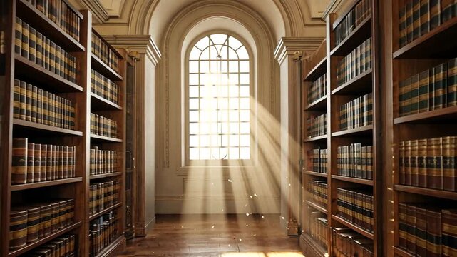 Sunlight streaming through a grand library window, illuminating rows of ancient books