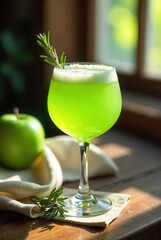 Fototapeta premium Refreshing Green Beverage in Elegant Glassware with Rosemary Garnish on Wooden Surface
