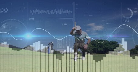Golfer marking ball position initiating golf data overlays swinging putter watching ball drop - Powered by Adobe
