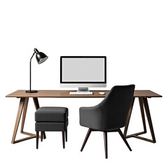 Modern wooden desk with computer and chair.