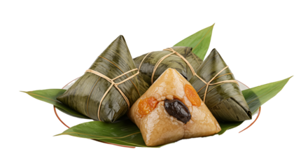 Traditional Chinese sticky rice dumplings, known as zongzi, are artfully presented on fresh green leaves, celebrating Asian culinary traditions.