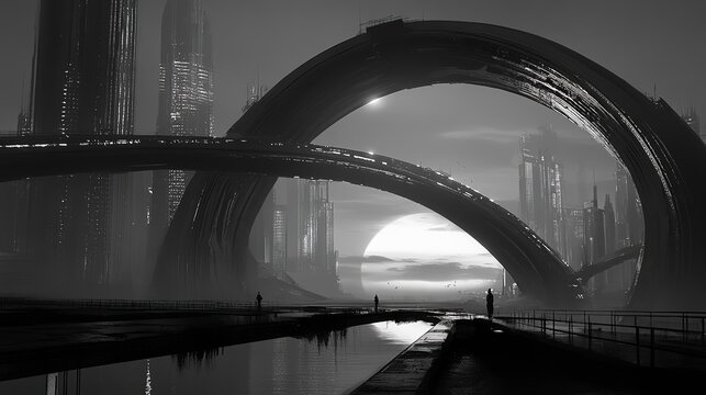 Monochrome sunset view of a bridge with intricate structural lines over calm water