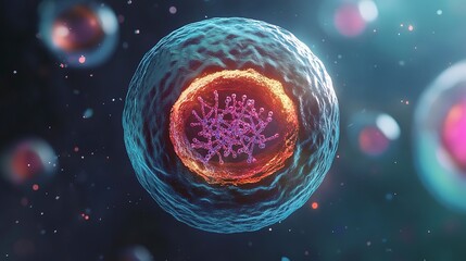 Naklejka premium Close-up view of a cell showcasing DNA structure within its nucleus during cellular processes
