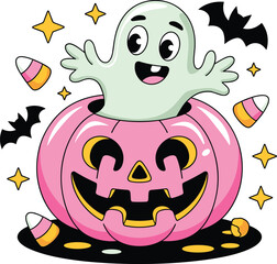 Fototapeta premium Cute ghost pops out of friendly pink Halloween pumpkin