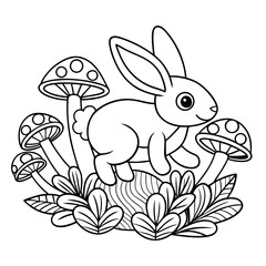 Fototapeta premium Cute Bunny Hopping Over Mushrooms Coloring Sheet
