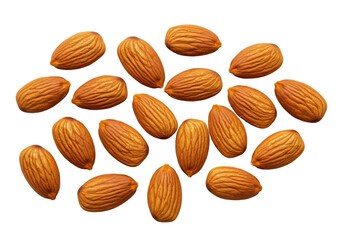 Raw whole almonds with rich brown skin and natural texture, scattered on a pristine transparent studio background with negative space, pure natural healthy food concept