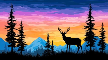 Majestic Deer Silhouette at Sunset in Pixel Art