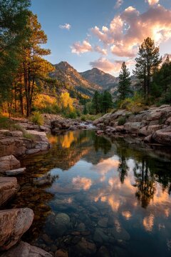 Peaceful mountain stream reflecting a golden sky