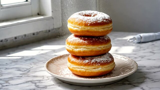Three fluffy donuts stacked on a decorative plate, sunlight streaming through a window