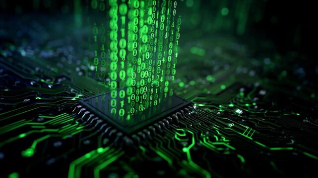 Glowing green binary stream flowing into a central microchip on a dark PCB, capturing the power and speed of AI data processing and futuristic technology in motion
