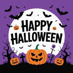 Happy Halloween social media post, happy Halloween printable banner or Halloween email signature with Halloween lettering, text, type, logo, vector, background, purple for party invitation