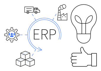 ERP central text connected to factory, truck, cubes, gear with users, light bulb, and thumbs-up icon. Ideal for business management, workflow, innovation strategy logistics productivity simple