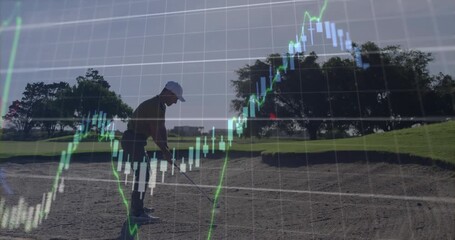 Golfer focusing on ball triggers market candlestick chart animation mirroring swing momentum - Powered by Adobe
