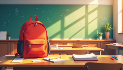 Bright new backpack on classroom desk, first day of school excitement
