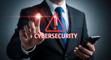 Businessman pointing at cybersecurity warning sign on digital interface
