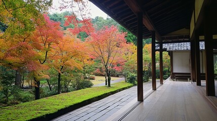 Obraz premium Autumnal Japanese garden path, colorful trees, wooden structure