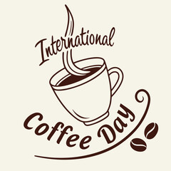International Coffee Day graphic with steaming coffee cup.
