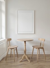 Minimalist dining nook with empty frame and wooden furniture.