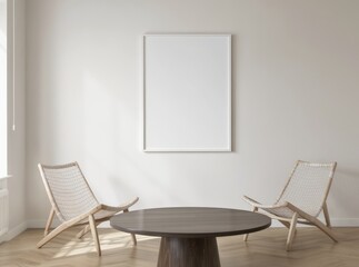 Minimalist living room with blank frame and rattan chairs.