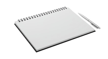 Pristine horizontal desk notepad, empty white pages, black spiral, sleek silver pen on transparent with soft studio lighting, flat lay product photography. Concept of strategic planning