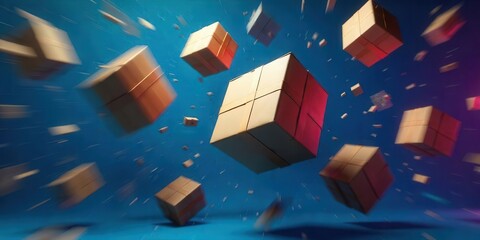 A flurry of cardboard boxes in motion against a vibrant blue backdrop, signifying rapid delivery and dynamic shipping
