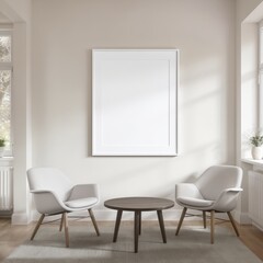 Minimalist living room with blank canvas and modern furniture.