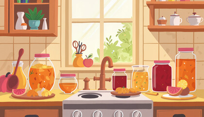 Homemade jam jars on kitchen countertop, cozy harvest ambiance