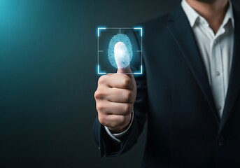 Man showing thumb with fingerprint scan for biometric security verification