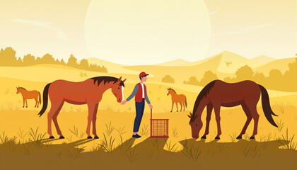 Fototapeta premium Paddock worker feeding horses in golden autumn light, seasonal care