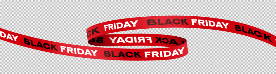 Satin ribbon with Black Friday lettering. Abstract red atlas ribbon with Black Friday lettering. Realistic ribbon for decoration of Black Friday sale, advertising, discount offer, social media.