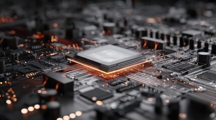 Glowing CPU on Circuit Board: Close-up of a Modern Microprocessor