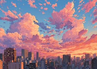 Cityscape at sunset, stylized clouds