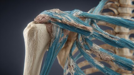 Slowmotion sequence of shoulder anatomy affected by adhesive capsulitis showing icy blue fibrotic bands limiting joint flexibility in detailed render.