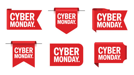 Collection of red cyber monday sale banners and flags