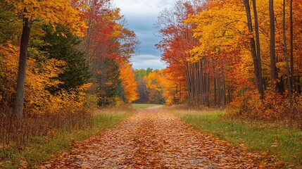 Fototapeta premium Autumnal forest path lined with vibrant fall foliage (1)