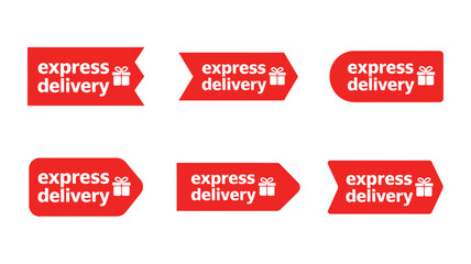 Set of six red express delivery labels with gift icons