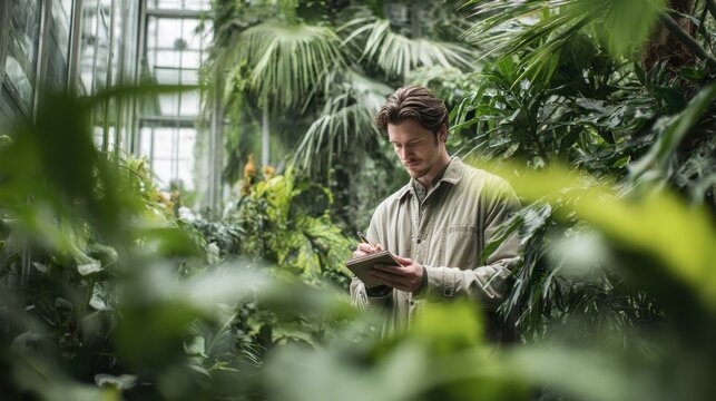 Portrait of a botanist adjusting humidity sensors amid lush foliage inside a modern greenhouse while taking detailed notes for ongoing plant growth experiments.