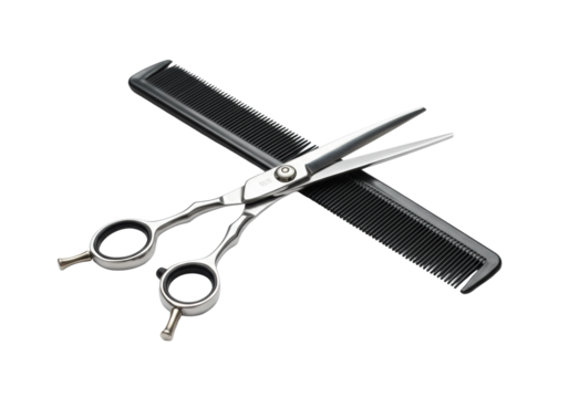 Polished silver scissors with black loops crossed over a sleek black comb on a transparent studio background, soft shadows, ample negative space, concept of professional hair care