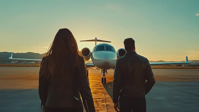 Couple awaits private jet sunset.