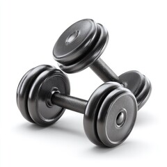 Naklejka premium Two black metal dumbbells, stacked, on white background