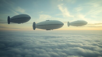 Naklejka premium Vintage Airships Ascending Above a Sea of Clouds at Dawn or Dusk Scenery