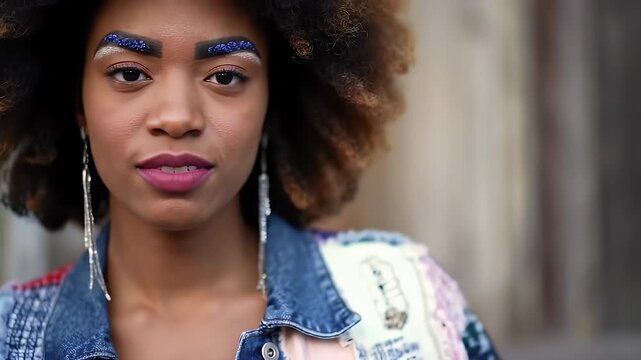 Striking Close Up of a Young Woman With Glitter Eyebrows and Colorful Denim Jacket