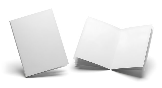 Two blank white booklets, one closed and one open, isolated on white background