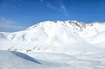 The natural winter photo snow background with blue sky in Japan