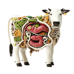 A creative representation of a cow, showcasing its anatomy filled with nutritious foods and vegetables.