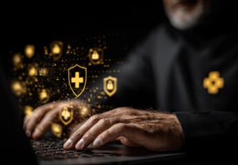 Senior using laptop with security icons