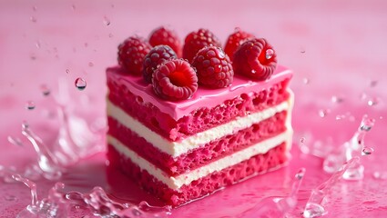 A delicious raspberry cake with layers of cream and fresh raspberries, perfect for a sweet treat or celebration on a pink background with water splash