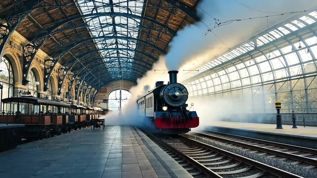 Vintage steam train departing from a historic station, surrounded by old carriages and architecture