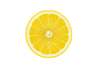 A single, vibrant yellow, perfectly round lemon slice with juicy segments and white pith, isolated on a transparent background with copy space, concept of natural vitality and freshness