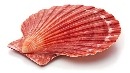 Fototapeta premium Red scallop seashell isolated on white background with natural ridged texture 